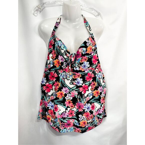 Catalina Plus Size 3X Swim Top Halter Tie Neck Floral Pink Black Swimsuit 1668 - Picture 7 of 7